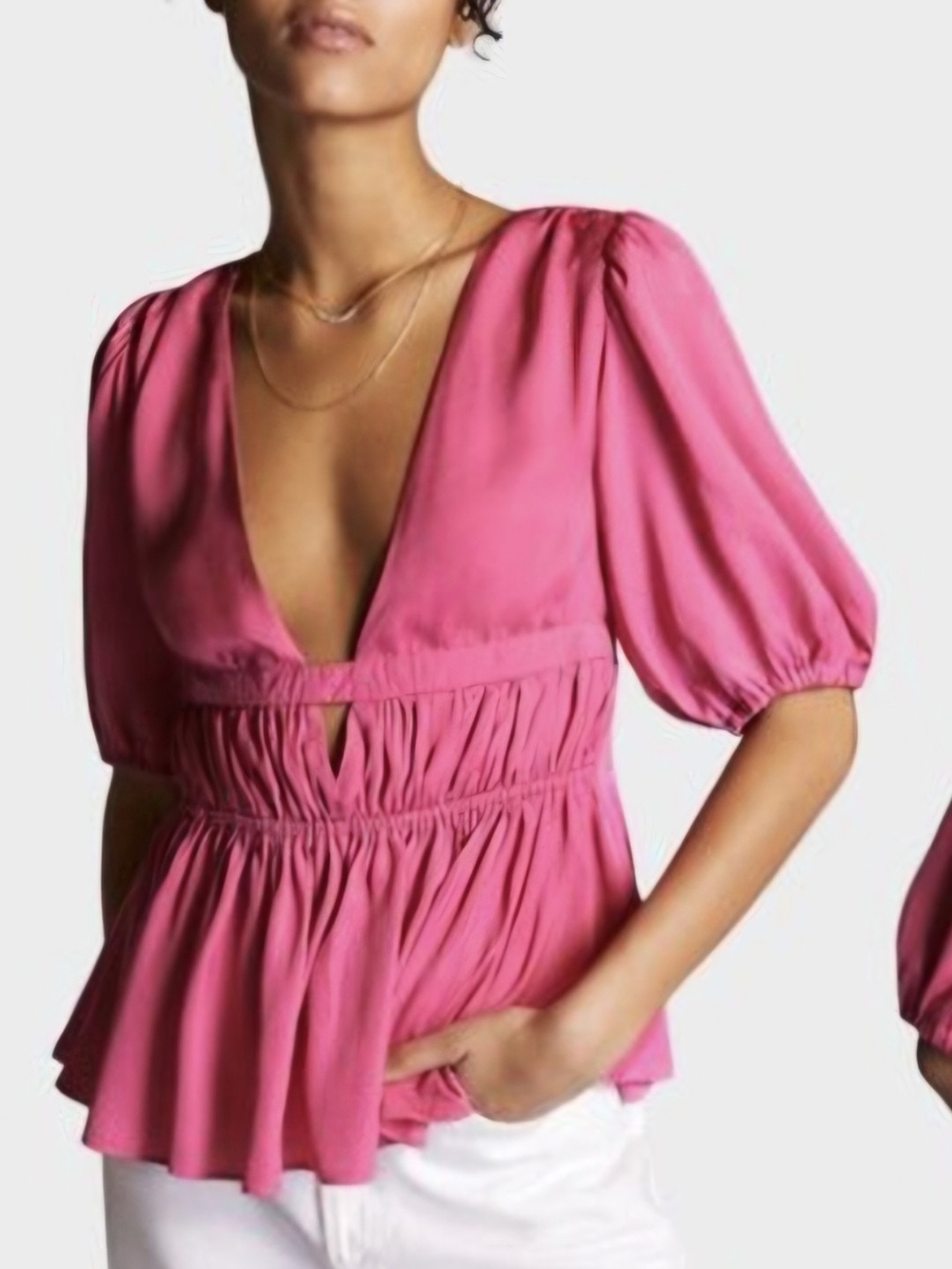 Anthropologie Hot Pink Deep V-Peplum Puff Sleeve Top